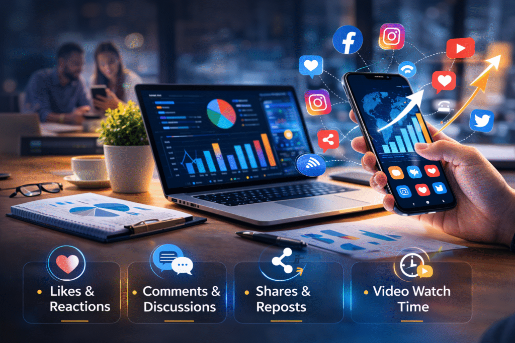 realistic digital marketing professional analyzing social media engagement analytics on laptop and smartphone