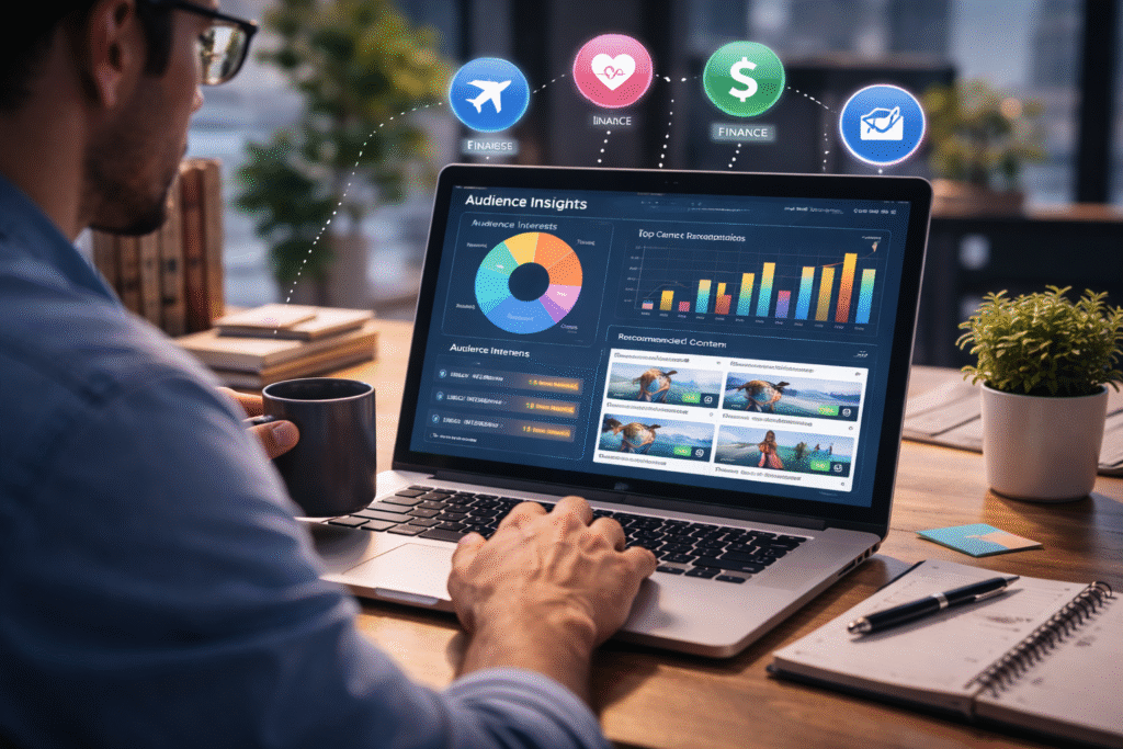 digital marketer analyzing audience interests and personalized content analytics on laptop