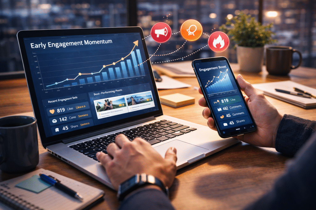 digital marketer tracking early social media engagement metrics on laptop and smartphone