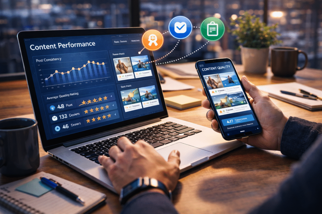 digital marketer analyzing content consistency and quality performance on analytics dashboard